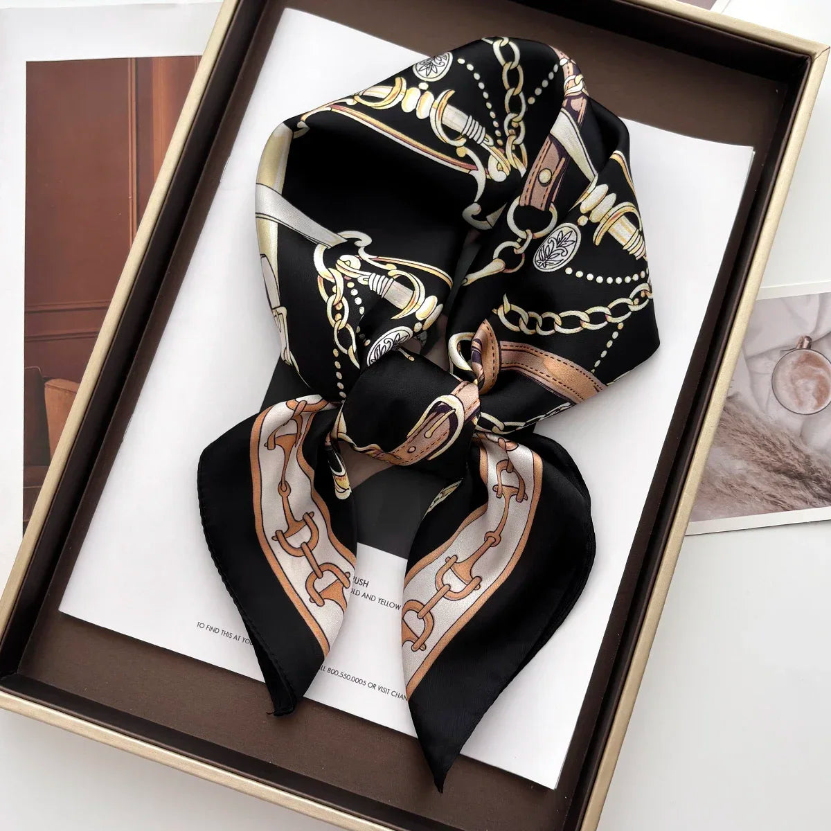 68cm Retro Chain Print Scarf for Women – Luxury Polyester Thin Scarf