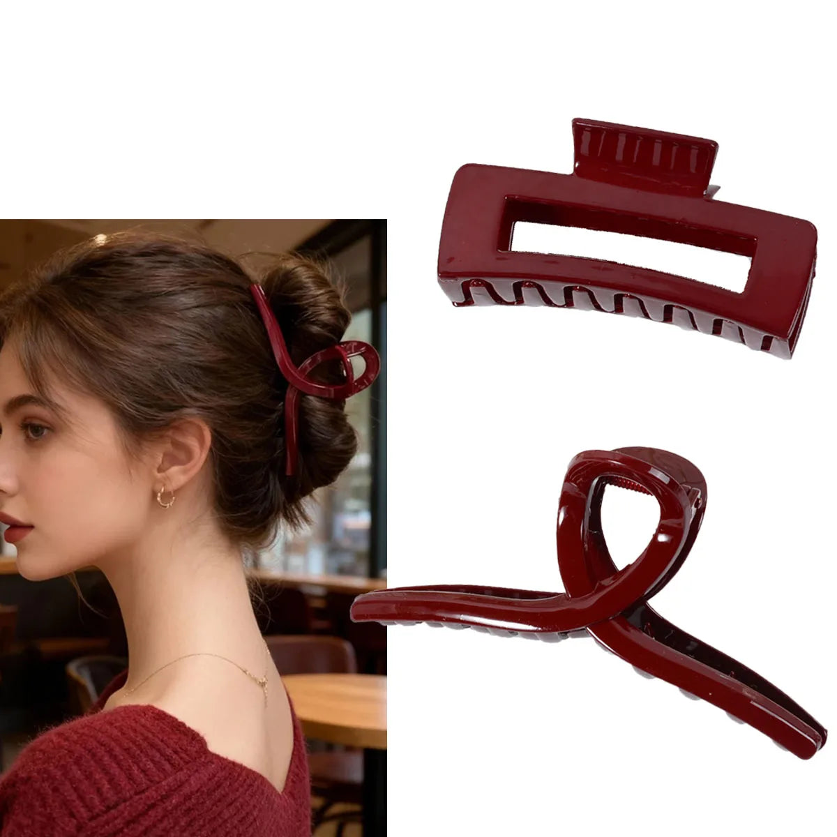 Burgundy Glossy Square Hair Clip – Large, Chic Hairpin for Daily Wear