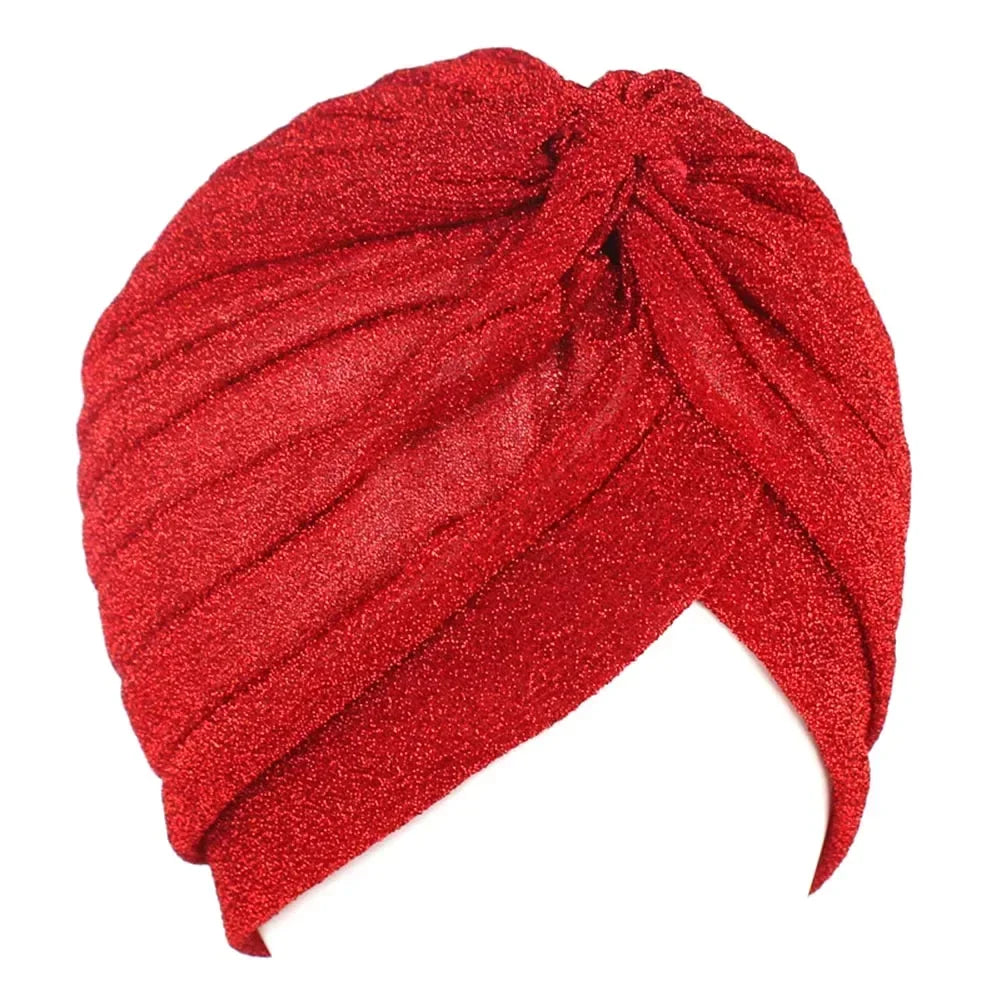 Full-Head Bling Gold Silk Turban – Knotted Twist Cap, Warm Casual Headwear for Women