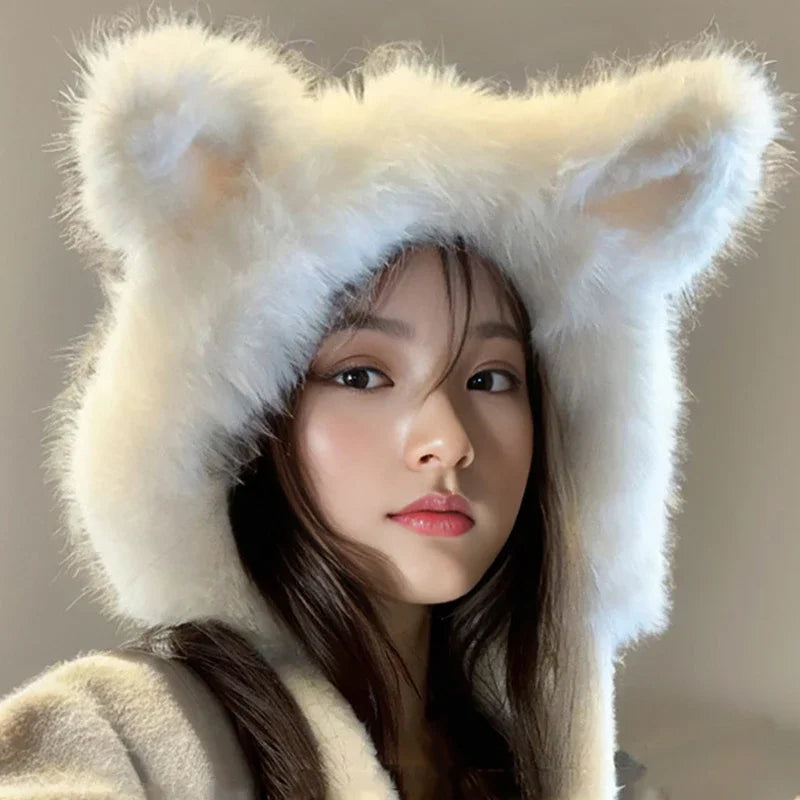 Women’s Winter Ear Plush Hat | Warm Fur Streetwear Cap for Outdoors, Sweet Gift for Girls