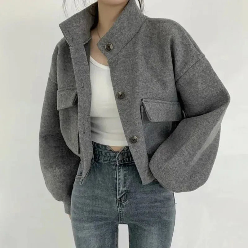 Spring Women’s Woolen Jacket – Chic Slouchy Stand Collar Coat