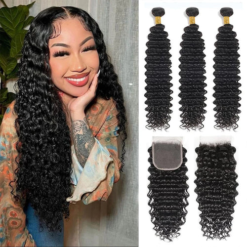 100% Virgin Malaysian Human Hair Deep Wave Bundles (2–3) with 4x4 Lace Closure – Ombre Highlight, Deep Curly Texture