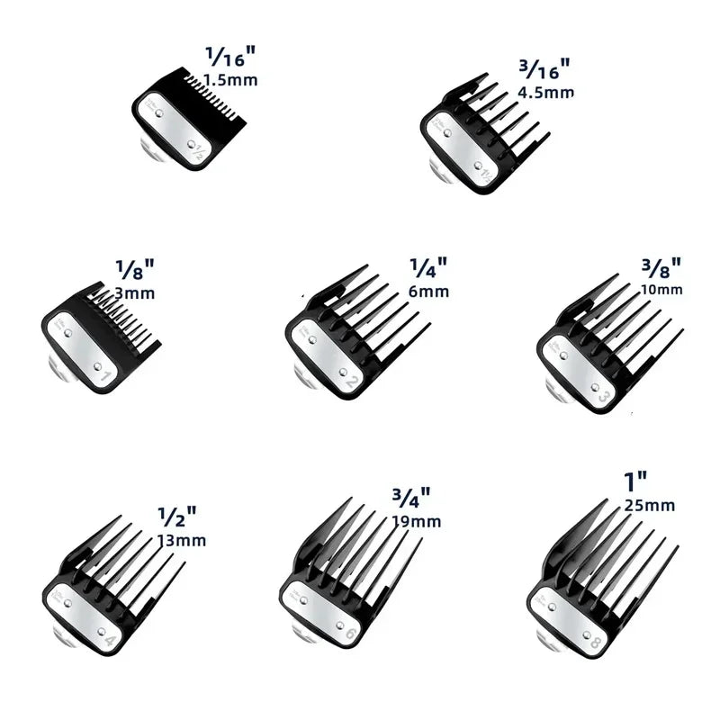 High-quality professional guide combs designed to fit most Wahl 5-Star clippers, including Super Taper, Senior, and Magic Clip models