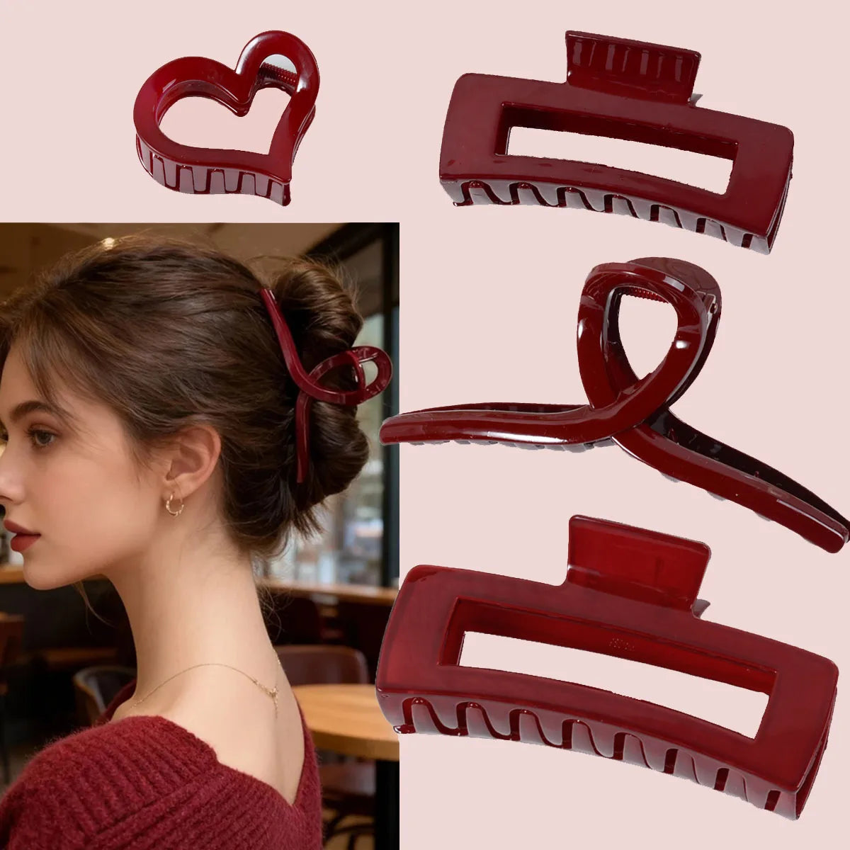 Burgundy Glossy Square Hair Clip – Large, Chic Hairpin for Daily Wear