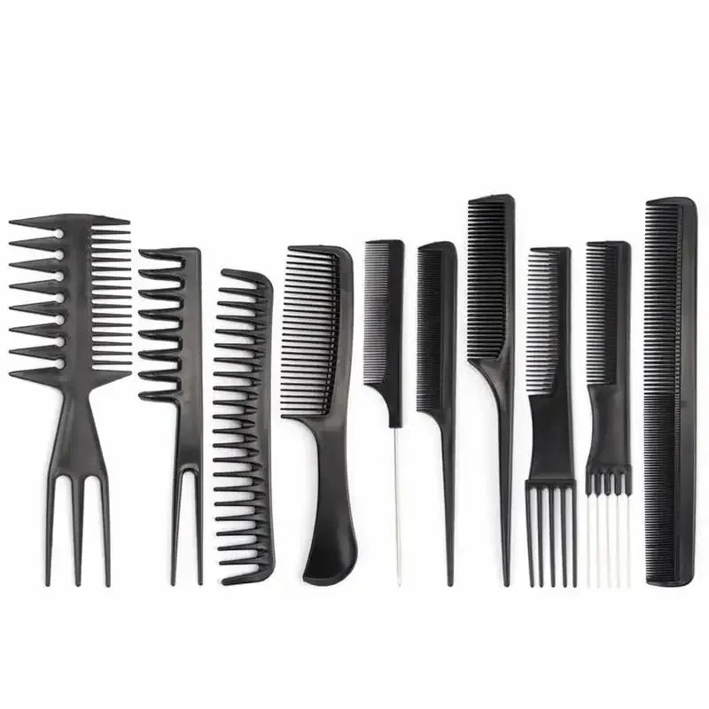 10pcs Professional Black Hairdressing Comb Set – Versatile Styling, Barber, Tail, and Training Combs for Salon and Stylist Use