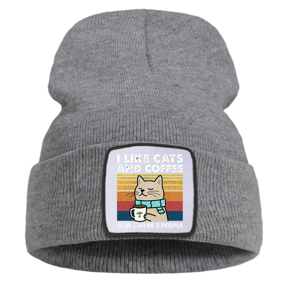 Hip Hop Coffee Cats Beanie – Unisex Knitted Cotton Hat, Casual Warm Skull Cap for Men and Women, Outdoor Style