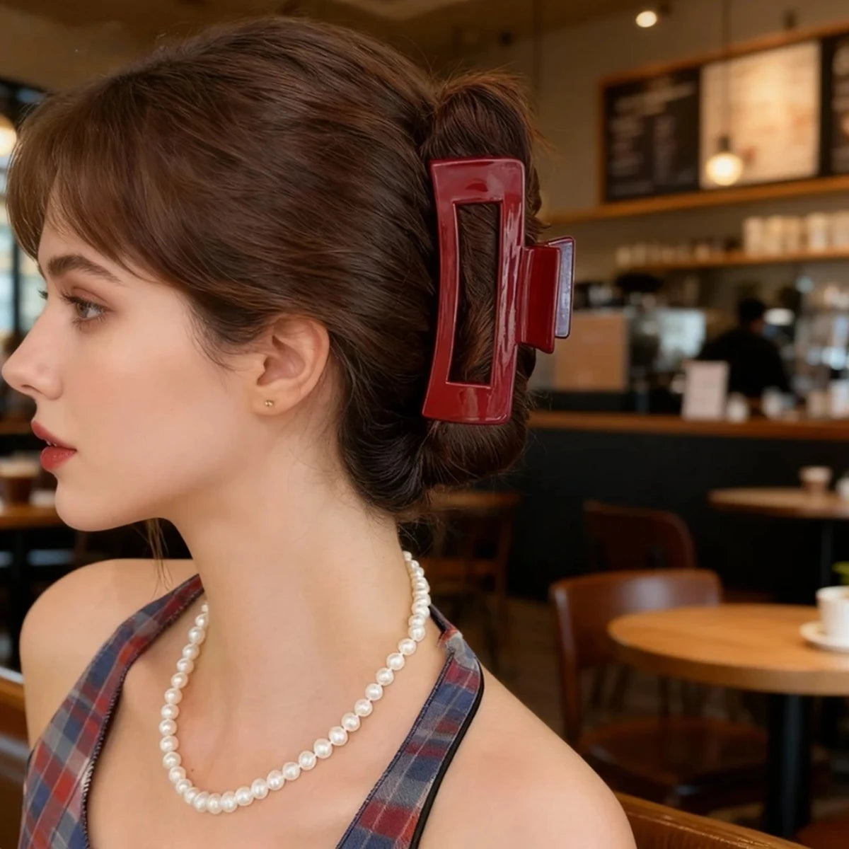 Burgundy Glossy Square Hair Clip – Large, Chic Hairpin for Daily Wear