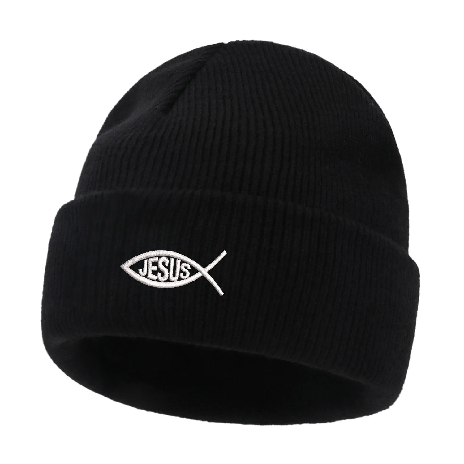 Embroidered Christian Ichthys (Jesus Fish) Knitted Beanie – Warm Winter Hat for Men and Women