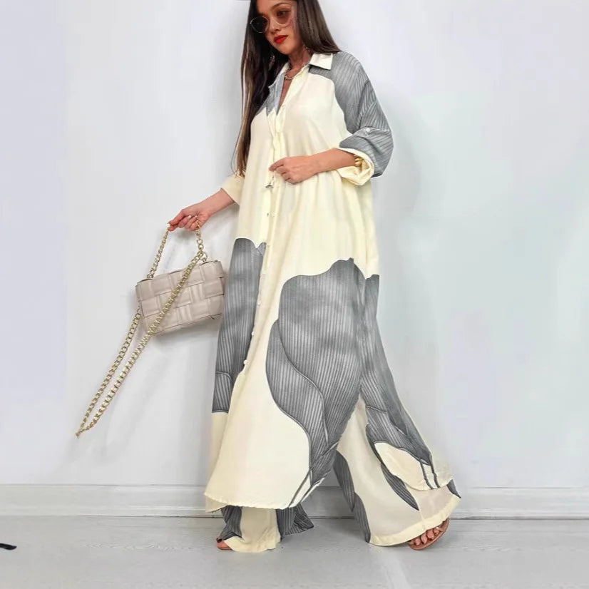 Spring & Summer Women’s Elegant 2-Piece Set – Printed Long Shirt Top & Wide-Leg Pants, Casual Loose Oversized Outfit