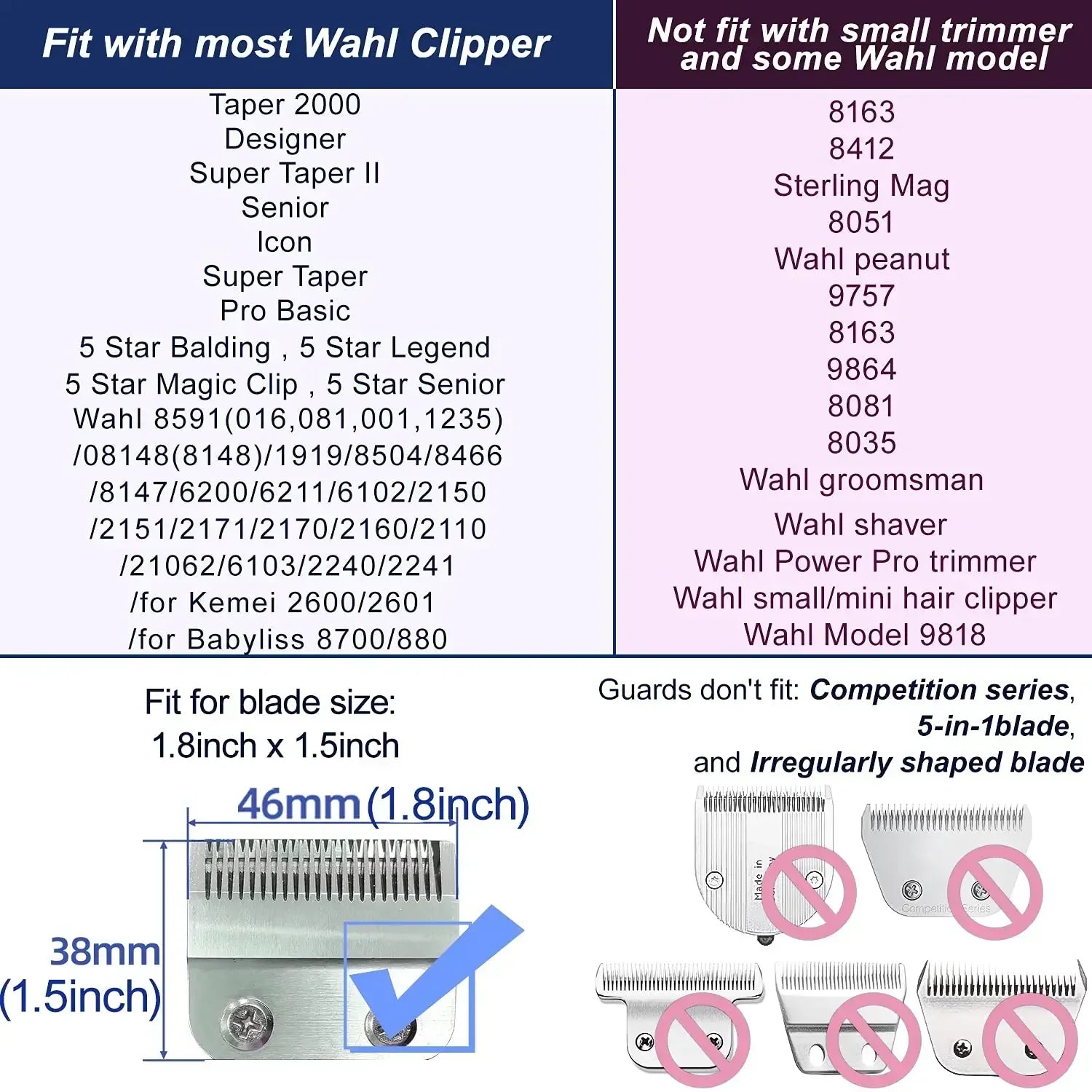 High-quality professional guide combs designed to fit most Wahl 5-Star clippers, including Super Taper, Senior, and Magic Clip models