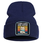 Hip Hop Coffee Cats Beanie – Unisex Knitted Cotton Hat, Casual Warm Skull Cap for Men and Women, Outdoor Style