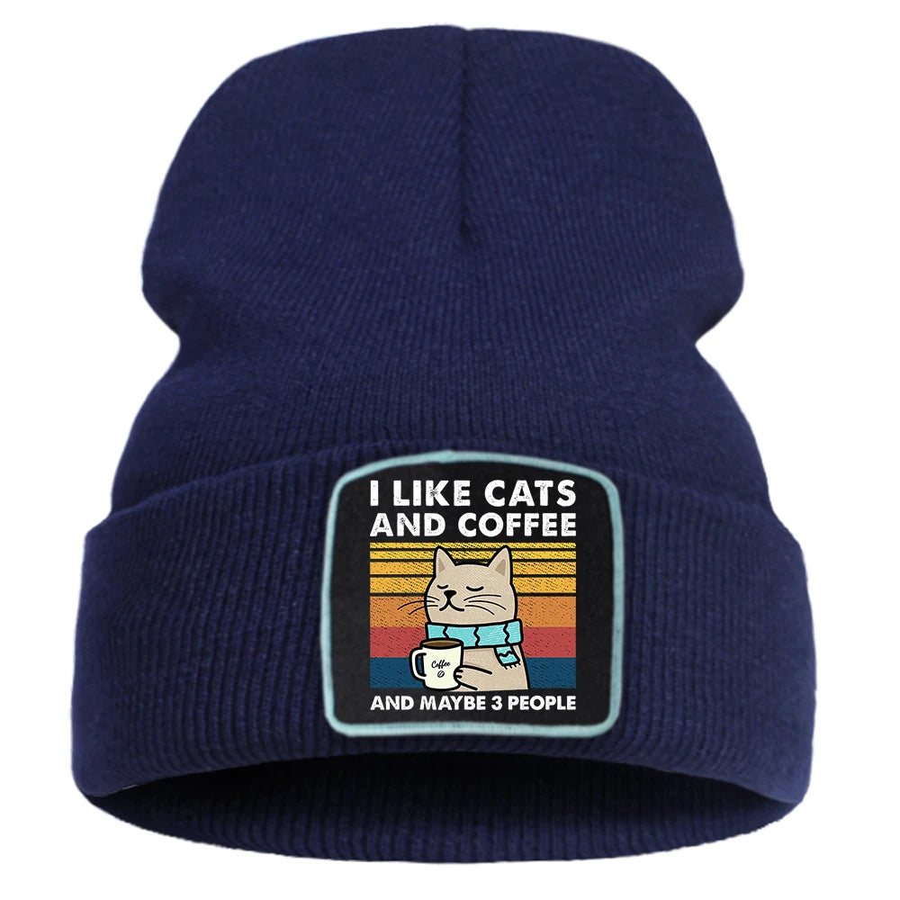Hip Hop Coffee Cats Beanie – Unisex Knitted Cotton Hat, Casual Warm Skull Cap for Men and Women, Outdoor Style